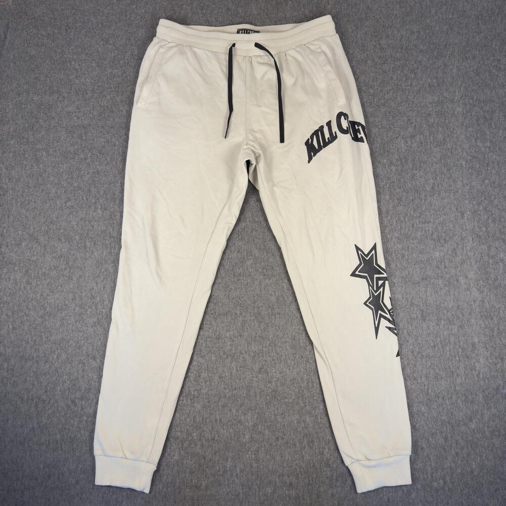 Kill Crew Sweatpants Mens Large White Knit Joggers Elastic Waist Star Graphic